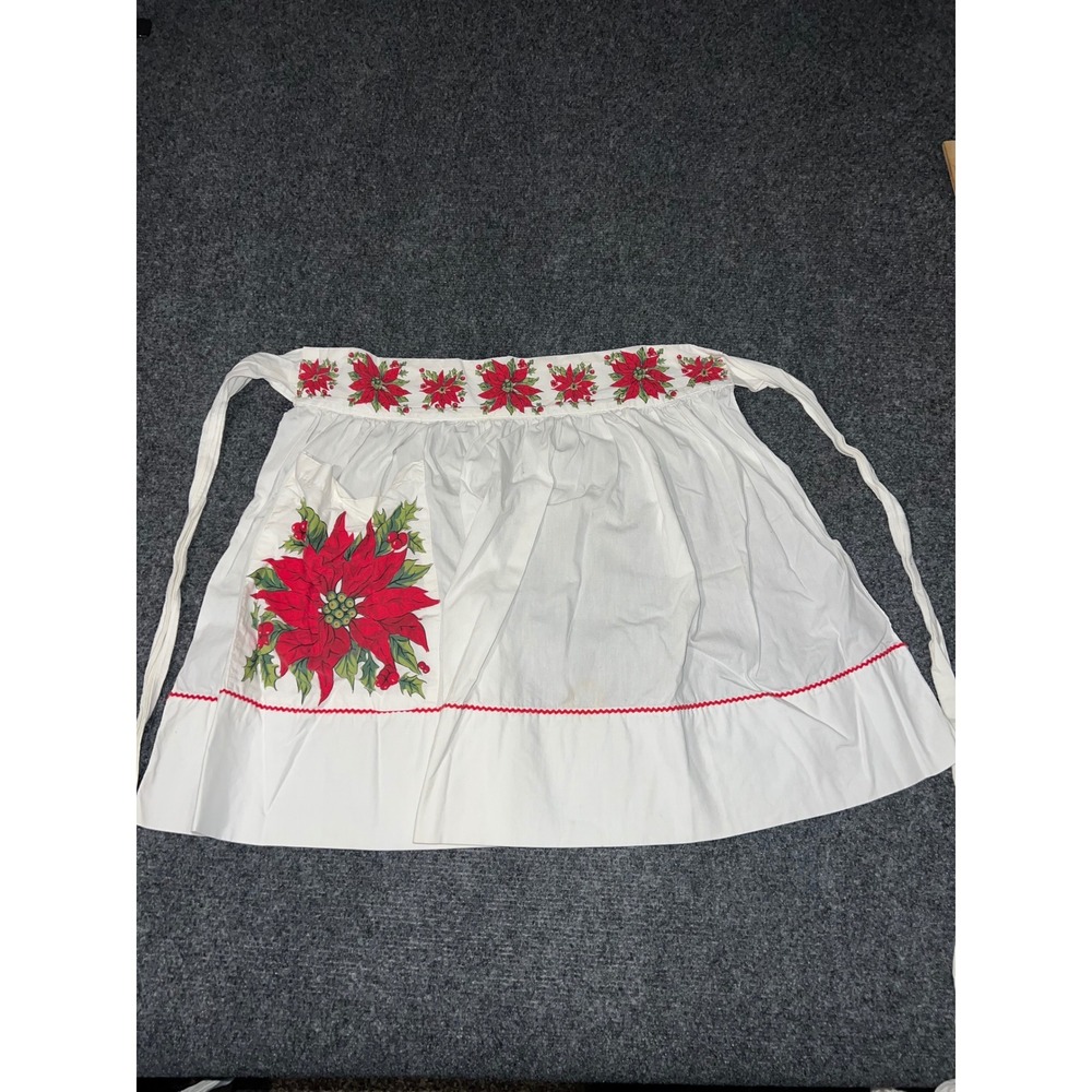 Vintage Christmas Poinsettia Half Apron White Cotton Rickrack Pocket One Size